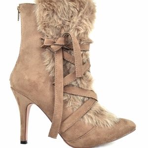 Taupe Lace-Up Furry Women's Slim Heeled Bootie